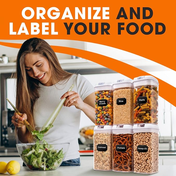 Set of 6 Airtight Food Storage Containers - Pantry Organizer Bins, BPA Free Plastic Containers plus Dry Erase Marker and Labels, White