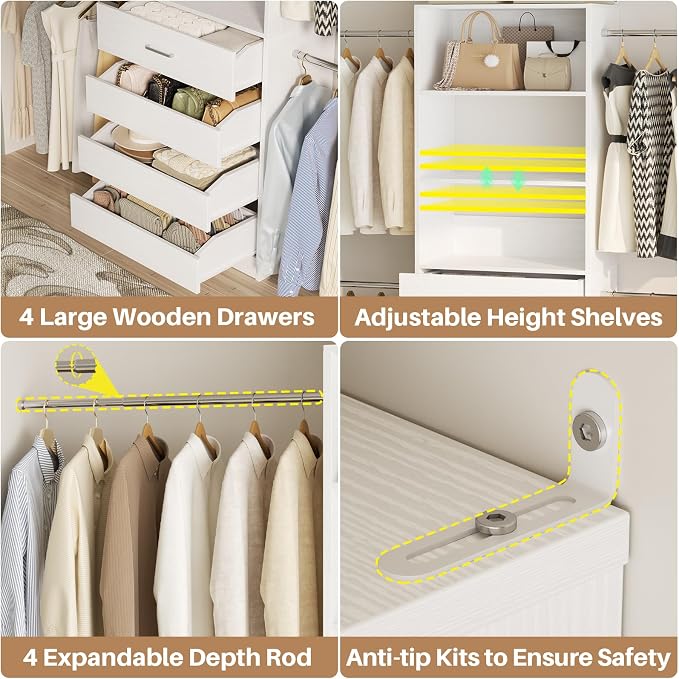 Aheaplus Closet System with 4 Drawers, 3.4-7FT Small Wood Closet Organizer System, Walk-in Closet Wardrobe with Tower and 4 Hang Rods, Built In Closet Insert System, Fits Spaces 4ft, 5ft,6ft,7ft,White