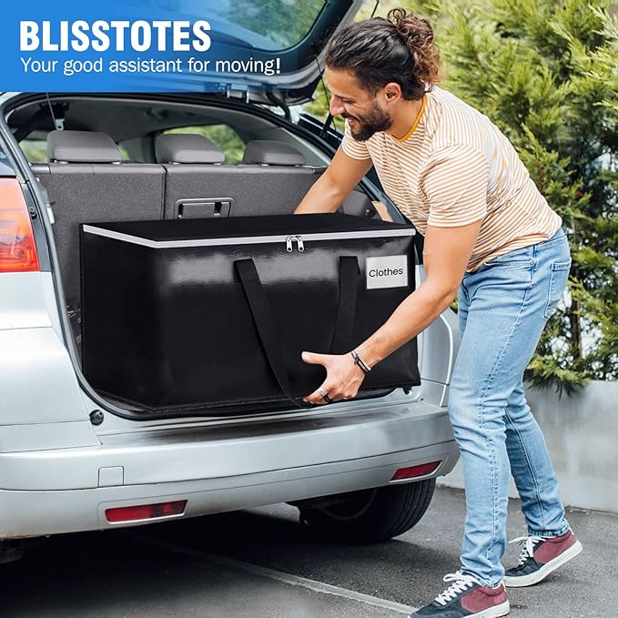 BlissTotes Moving Bags, Heavy Duty Moving Boxes with Zippers Top and Sturdy Handles, Storage Bags for Space Saving and Packing, Collapsible Moving Supplies, Storage Totes (76L, 4-Pack, Black)