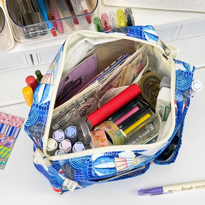 Multiple Pockets Portfolio Organizer with Zippered,Storage Pencil Pouch Bag | Waterproof Travel Toiletry Bag,Portable Pencil Pouch for Notebooks,Stationeries,Make-up,Journal Office Art Supplies,Ocean