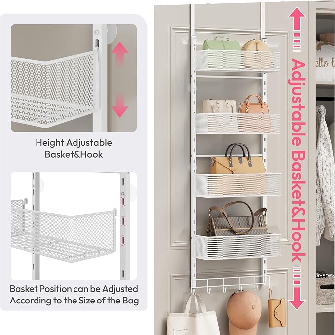 SWTYMIKI Over the Door Purse Organizer - Wall Mounted Purse Rack with 4 Adjustable Metal Basket and 6 Hooks, Hanging Bag Rack for Handbag Organizer, Bag Storage Can Use As 1/2 Part, for Door