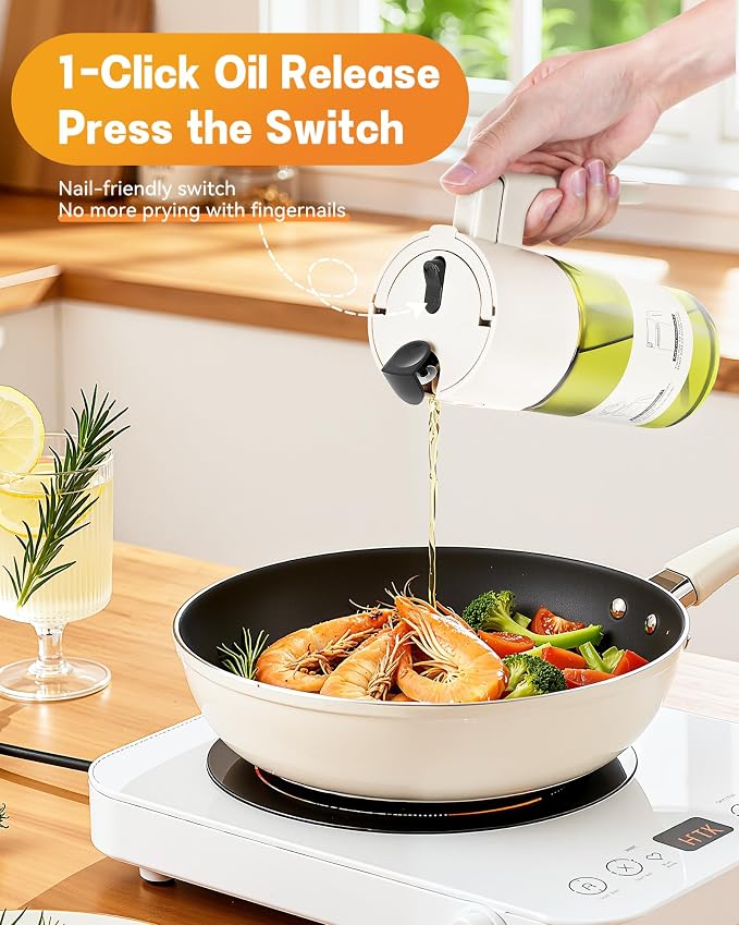 Olive Oil Sprayer & Dispenser Bottle for Cooking 17oz Dark Glass Oil Mister | 2-in-1 Sprayer & Pourer, Leakproof, Fine mist, Light-Blocking, Wide Mouth for Easy Refill & Clean, 8 Oil Labels, Reusable