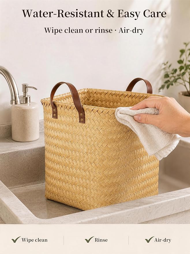 Hand Woven Baskets for Storage, 4Pcs Water-Resistant Wicker Baskets, Yellow Wicker Storage Baskets for Shelves, Large Basket with Handle for Organizing, Clothes, Laundry, Blanket - Square