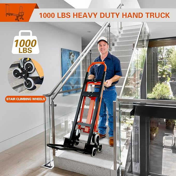 3 in 1 Industrial Convertible Hand Truck,1000 LBS Capacity Stair Dolly,Heavy Duty Hand Truck Dolly Cart with Stair Climbing Wheels and Dual Handles for Transport,Moving (Orange)