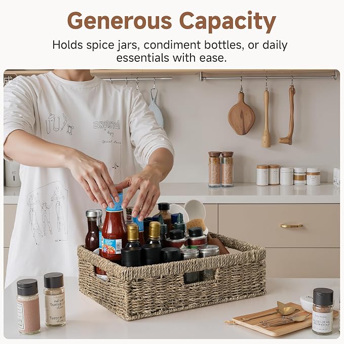 StorageWorks Pantry Baskets, Wicker Storage Baskets for Organizing, Shelves, Pantry Organizers and Storage, Seagrass, 15¼"L x 11¾"W x 4 ¾"H