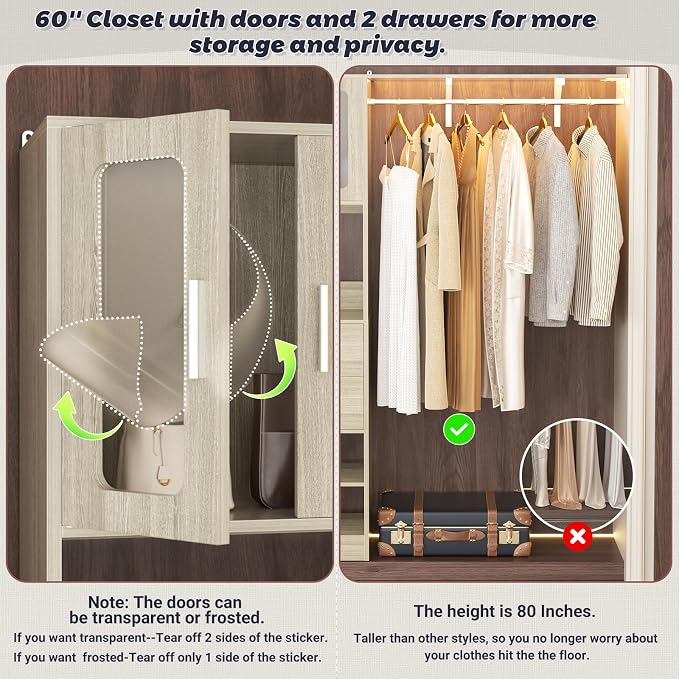 5FT Closet System with Doors and Wooden Drawers, 60'' Reversible Closet Organizer System with Big Wing Shelf and Hanging Rod, 80'' Tall Walk in Wardrobe Closet System with Shelves & Hooks, White Oak