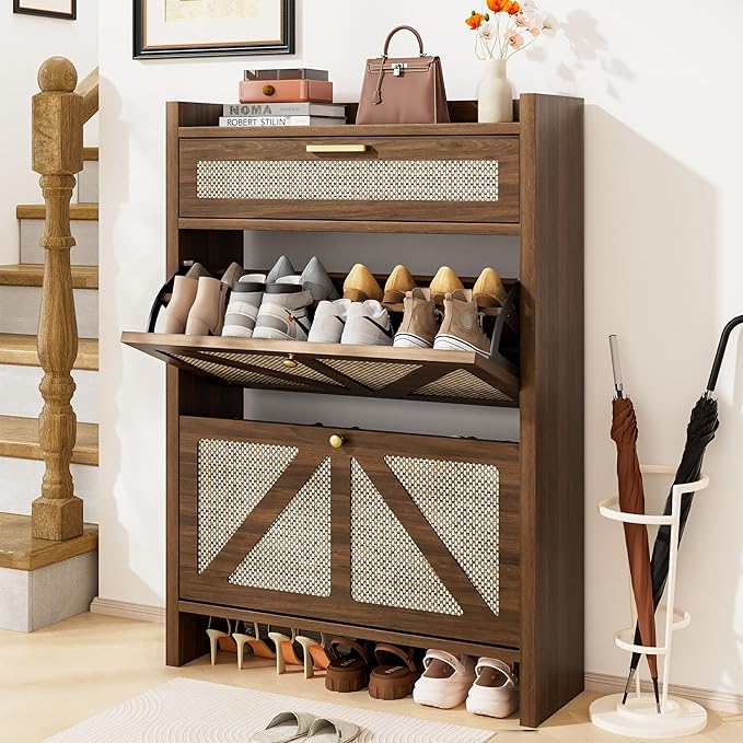 Rattan Shoe Storage Cabinet - Hidden Entryway Shoe Storage with Adjustable Shelf, Slim Shoe Organizer Cabinet with 2 Flip Drawers & 1 Drawer, Modern Shoe Cabinet Storage for Hallway Entrance