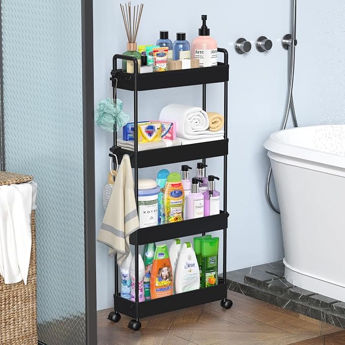 SOLEJAZZ Slim Rolling Storage Cart Skinny Bathroom Organizer, 4 Tier, Black | Thin utility cart with wheels for bathroom, laundry room, bedside, kitchen, dorm, office, next to fridge, small narrow places