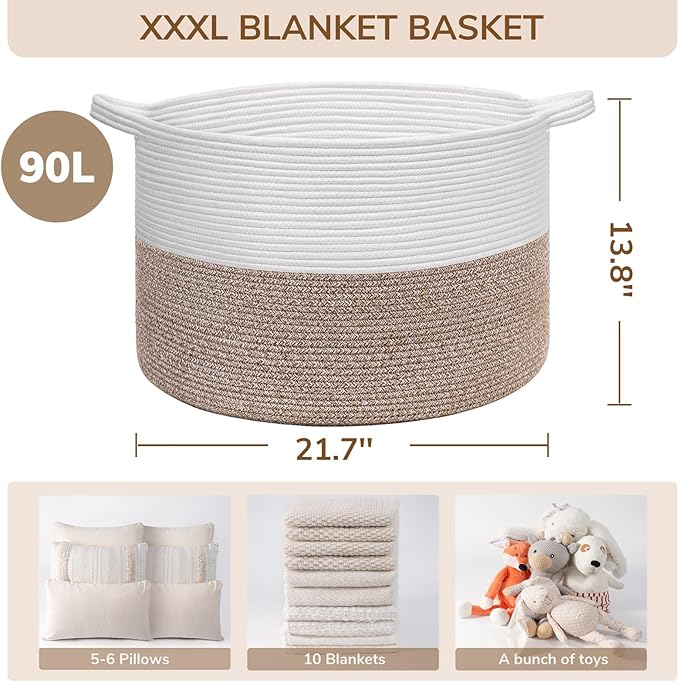 INDRESSME XXXLarge Blanket Basket for Living Room 21.7" x 21.7" x 13.8"-Storage Basket with Handle for Organizing Toy Pillows Woven Cotton Rope Laundry Basket Stuffed Animal Toy Storage for Play Room