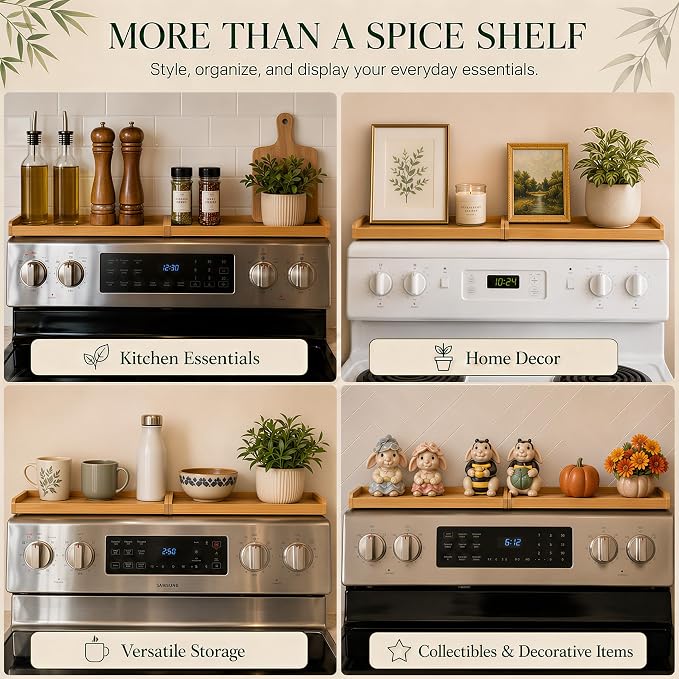 Magnetic Stove Top Shelf 30 Inch – Over the Stove Spice Rack Organizer for Flat Top Stoves, Strong Magnetic Bamboo Kitchen Shelf, Space Saving Stove Top Storage Rack, Tool-Free Installation, Natural
