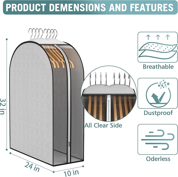 Liuoud 10" Gusseted Garment Bags for Hanging Clothes 32" Suit Bags for Open Closet Storage, Side Clear Clothing Cover for Coat, Dress, Jacket, Shirt, Fur Wardrobe Protector, 3 Packs, Grey