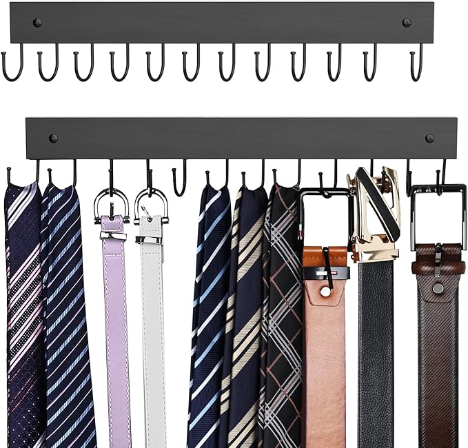 Belt Hanger Wall Mounted, Wooden Belt Organizer 2 Pack Max 24 Storage Capacity, 180° Rotating Space Saving Hangers for Ties, Tank Tops, Scarves, Bras, Keys, Bags Black