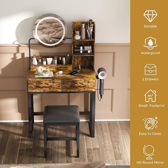 Small Makeup Vanity Desk with Large Mirror and Lights, Vanity Table with 2 Storage Drawer & Open Shelves, 3 Lighting Colors,LED Mirror Adjustable Brightness Brown Makeup Vanity
