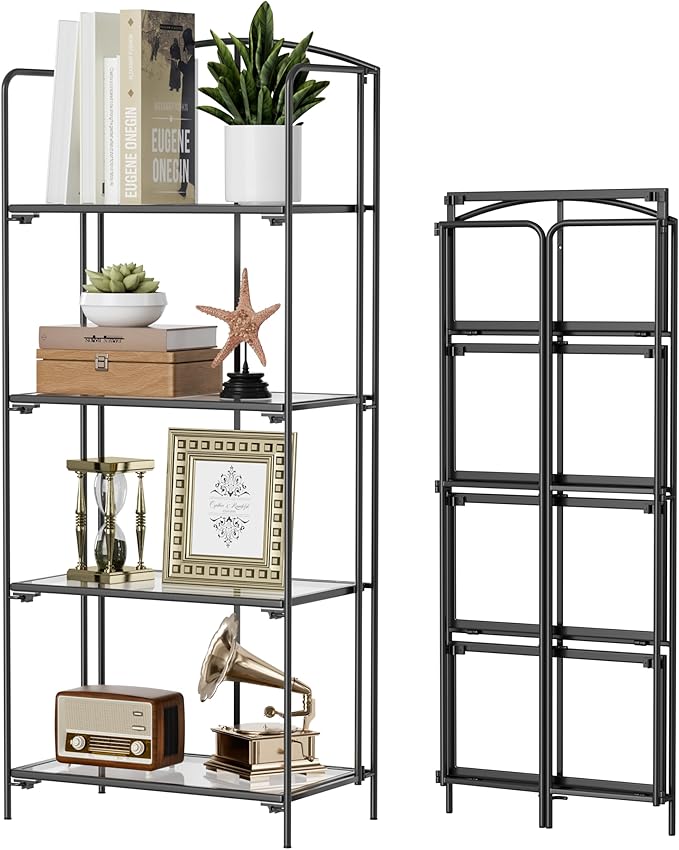 Crofy 4-Tier Foldable Bookshelf, Black Frame & Transparent Shelves | No-Assembly Collapsible Portable Storage Organizer; Sturdy Transparent Shelves; Ideal for Living Room & Home Office
