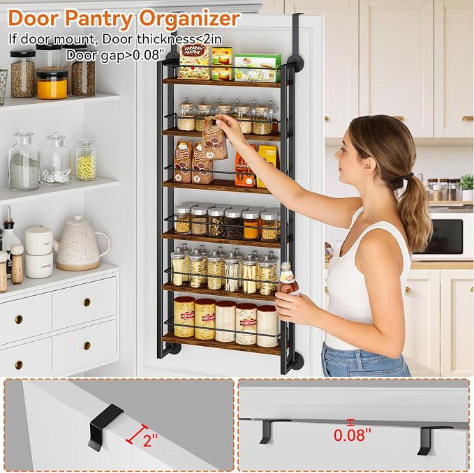 IBUYKE Over the Door Spice Organizer,Door or Wall Mount,Brown TLJ028H | 6 Tier Wall Mounted Spice Rack Adjustable Hanging Storage Shelves Spice Organization for Kitchen cabinet Bathroom Closet