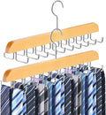 2PC Tie Rack Organizer, Tie Hanger for Closet with 20 Foldable Hooks, Wood | Non Slip Neck Tie Organizer, Large Capacity, Space Saving, 360° Rotating Hook, Fits for Tank Tops Bras Cami Scarves