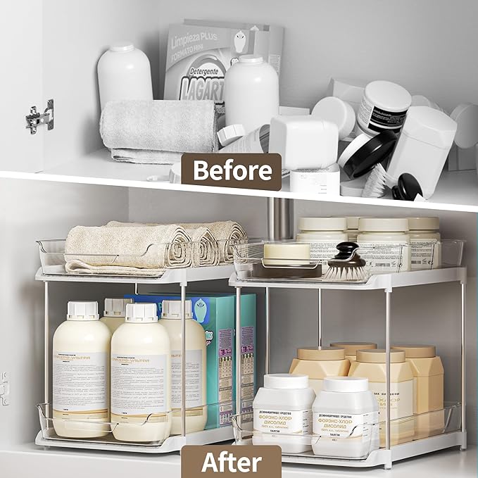 Delamu 2-Tier Multi-Purpose Bathroom Under Sink Organizers and Storage, Stackable Kitchen Pantry Organization, Pull Out Medicine Cabinet Organizer with Movable Dividers, White, 1 Pack