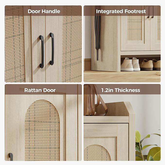 Mericonia Rattan Shoe Storage Cabinet, Farmhouse Shoe Cabinets Storage for Entryway, Boho Wooden Shoe Rack with 3 Doors for Entryway, Hallway (Oak, 3 Door)
