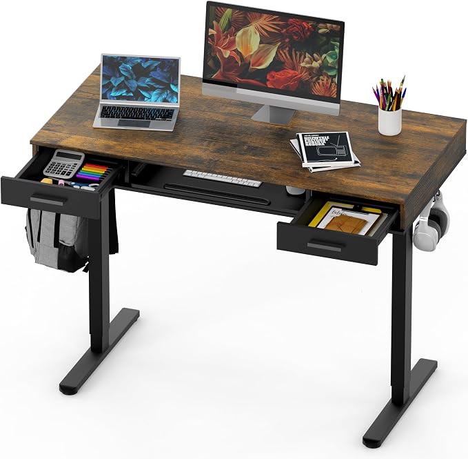 SHW 48-Inch Electric Height Adjustable Desk w/Keyboard Tray, Rustic Brown | w/ 2 Drawers | Memory Presets and Cable Management | Hanging Hooks