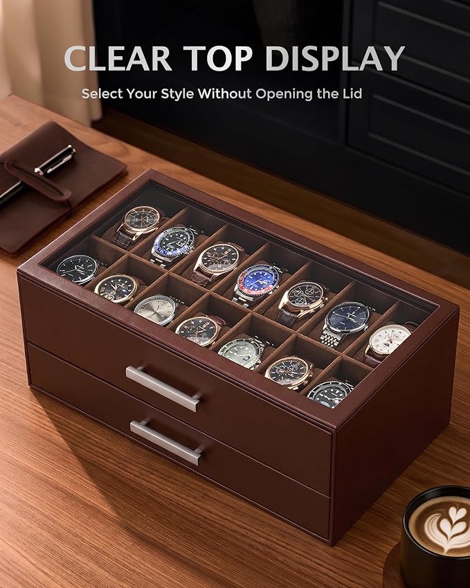 ProCase 14-Slot Watch Case for Men, 2-Tier Pull-Out Drawers Box -Espresso | Fathers Day Gift for Dad Men with Display Clear Top Lid, Jewelry Sunglasses Storage Organizer, Anniversary Birthday Gifts