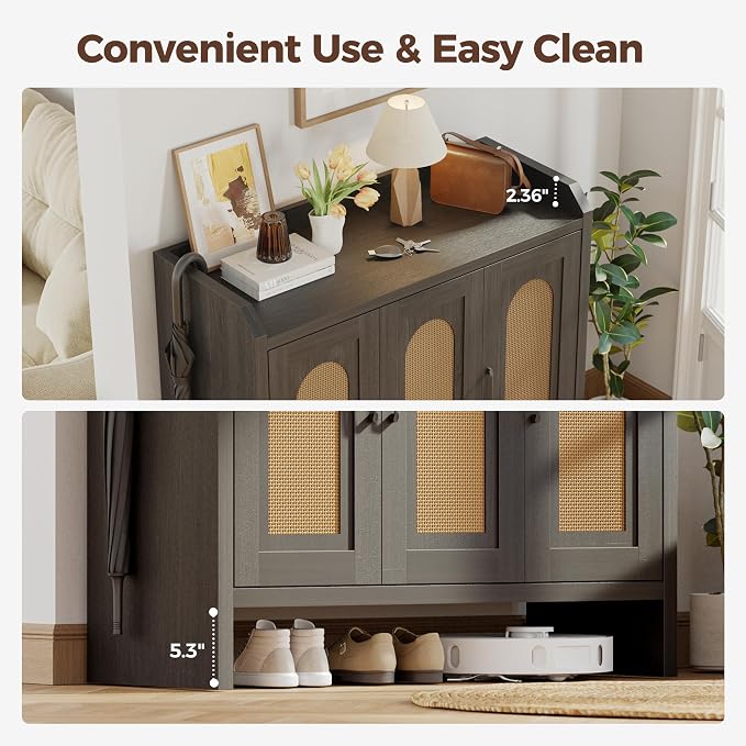 Mericonia Rattan Shoe Storage Cabinet, Farmhouse Shoe Cabinets Storage for Entryway, Boho Wooden Shoe Rack with 3 Doors for Entryway, Hallway (Black, 3 Door)