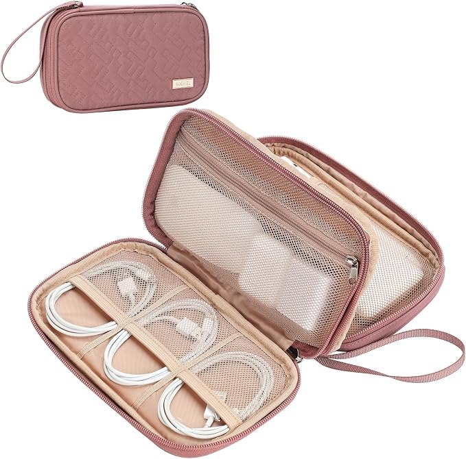 NISHEL Electronics Travel Organizer Cord Case, Charger Cable Tech Bag | Double-layer bag keeps chargers, cables, flash drive, and small tech essentials organized for trip, Medium, Rose-wood Pink