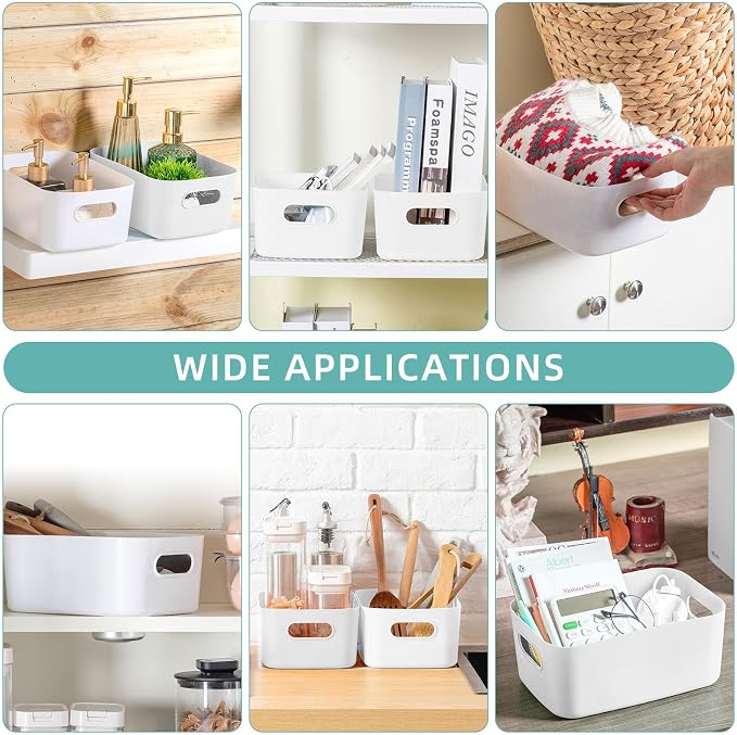 Geetery 12 Pieces Plastic Storage Bins Basket with Handles Toy Organizers and Storage Bins for Home Cupboard Kitchen Bathroom Office Pantry Organization (9.6 X 6.3 X 3.9 Inch,White)