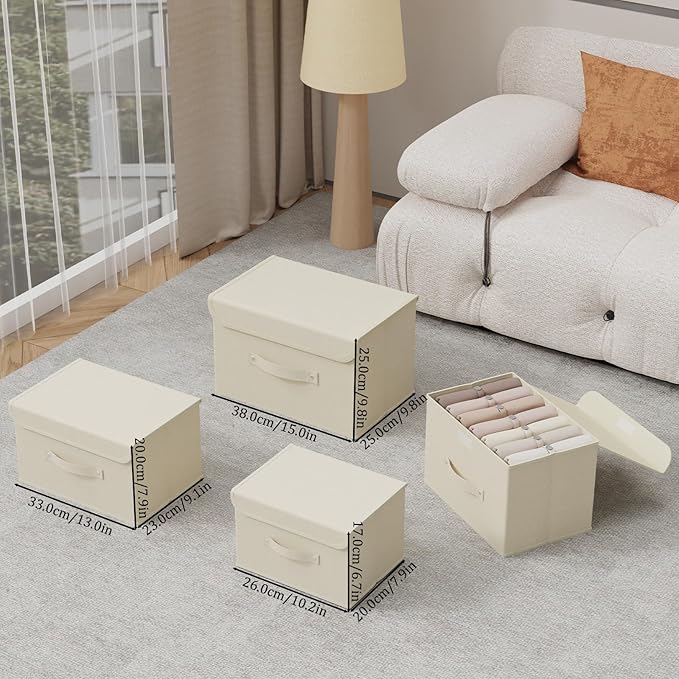 Fabric Storage Bins Cube Organizers with Flip-Top Lid and Handles,Storage Boxes for Organizing Home,Office,and Closet,Beige,5 Pack 13 X 9.1 X 7.9 in