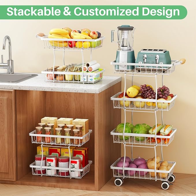 SAYZH Fruit Basket Kitchen Pantry Organizers and Storage - 4 Tier Stackable Metal Wire Basket Stand for Fruit Vegetable Snacks Jars Bins Containers Organization, (White, 4 Tiers)