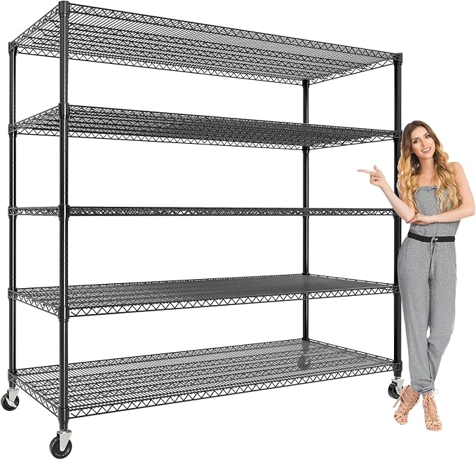 Garvee Storage Shelves, 5 Tier Metal Shelving Units with Wheels, 82" H x 59" W x 23.6" D, 3300 LBS Heavy Duty Wire Shelving Rolling Rack for Garage Kitchen Home Basement, Adjustable, Black