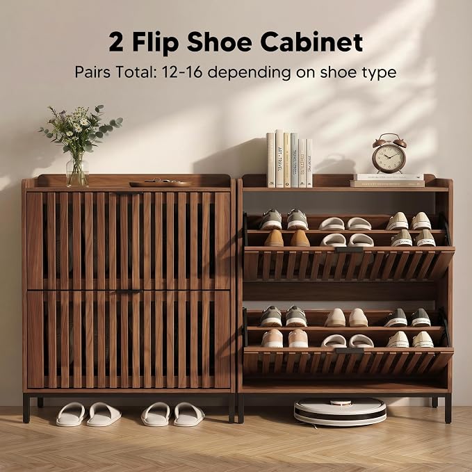 Shoe Cabinet for Entryway, Slim Freestanding Shoe Rack Organizer with 2 Flip Drawers, Narrow Hallway Storage Cabinet with Breathable Doors, Classic Walnut