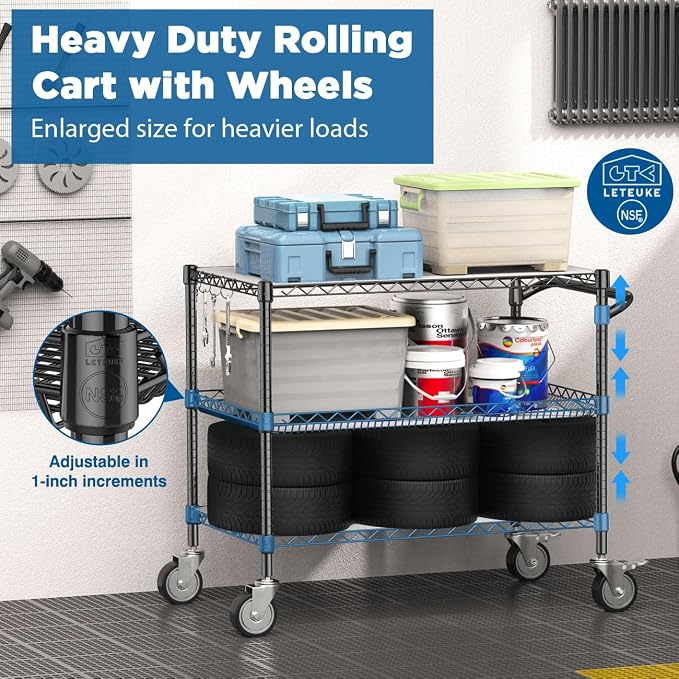 Leteuke Heavy Duty Rolling Utility Cart, 45 Inch Kitchen Carts with Wheels, NSF Commercial Grade with Handle & Shelf Liners, 1120LBS Storage Cart for Kitchen,Restaurant,Plant Display-Black | 3 Tier Heavy Duty Serving Cart with Handle & Shelf Liners, NS...