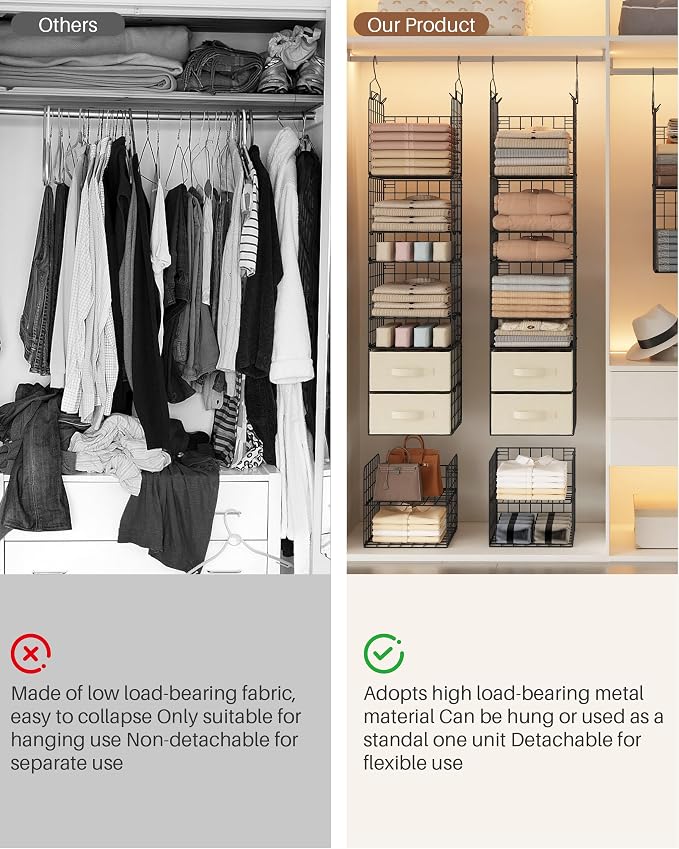 4 Pack Metal Hanging Closet Organizer, Adjustable Wire Shelves with 2 Fabric Drawers, Heavy Duty Foldable Clothes Storage Rack | No Sag Foldable Storage Rack for Clothes, Sweaters, Socks, Hats, Small Closets, Apartments, Dorms