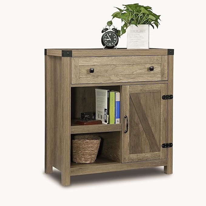 CONSDAN Storage Cabinet, Multifunction Accent Cabinet, Modern Storage Shelving Cabinet, 2-Tier Shelving Organizer & Top Drawer, Grey
