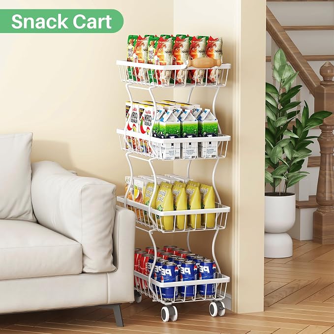 SAYZH Fruit Basket Kitchen Pantry Organizers and Storage - 4 Tier Stackable Metal Wire Basket Stand for Fruit Vegetable Snacks Jars Bins Containers Organization, (White, 4 Tiers)
