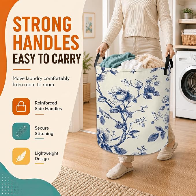 Vintage Blue Flowers Laundry Basket,Botanical Floral Foldable Oxford Laundry Hamper with Handles,Portable Clothes Tote Bag Clothes Storage Bucket Organizer For Bathroom/Laundry Storage/Bedroom