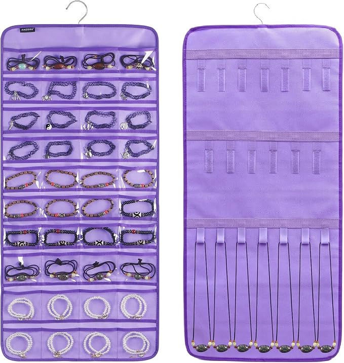 Dual-sided Hanging Jewelry Organizer with 40 Pockets and 20 Hook Loops Necklace Holder Jewelries Organizer for Earrings Bracelets Rings with 360 Degree Rotating Hanger (40 Pockets and 20 Hook Loops-Purple)