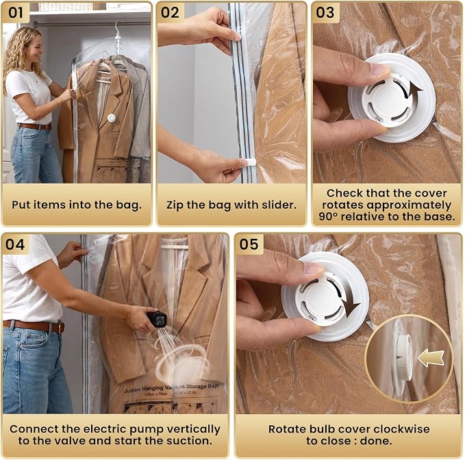 TAILI Hanging Vacuum Storage Bags with Electric Air Pump, Vacuum Seal Bags for Clothing Travel, Space Saving Hangers for Clothes, Coats, Suits and Jackets,Set of 6 (6 Long)