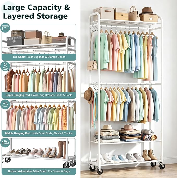 Luxspire Clothes Rack 3-Tier Portable Freestanding Closet with Shelves | Iron mesh storage rack with double hanging rods, multi shelves, suitable for bedroom and cloakroom storage, white