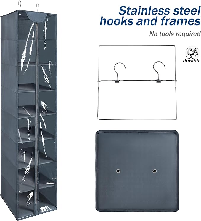 Libeder Hanging Closet Organizer, 8-Shelf Wardrobe Clothes Storage Organizer with Zipper,Hanging Shelves for Sweater,Shoes,Purse,Hats,Gray
