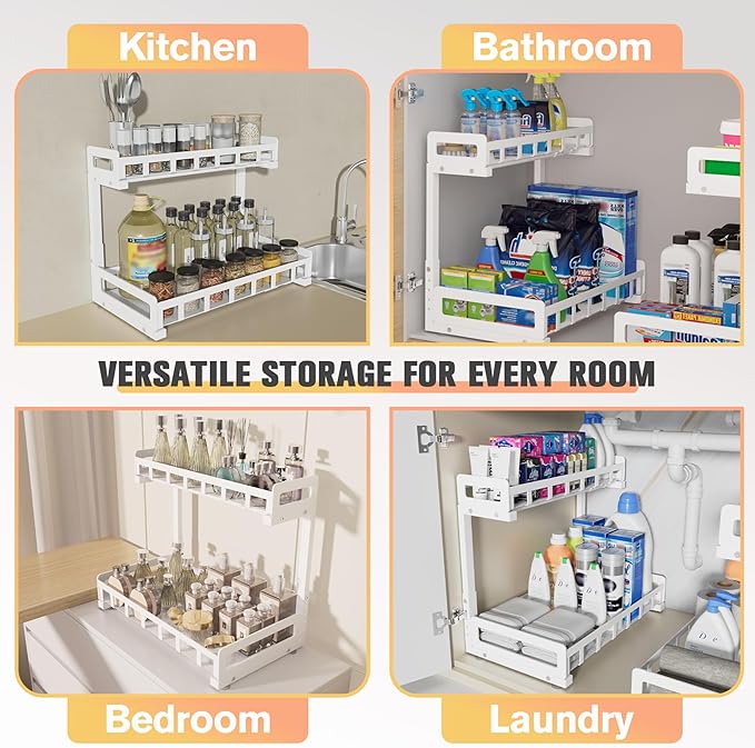 Under Sink Organizer, Metal Large Capacity 2-Tier Sliding Cabinet Storage Rack, Heavy-Duty Rust-Resistant Steel Frame, Holds 50 lbs, Adjustable Height 12–16", 14"D x 11"W for Kitchen & Bathroom, White