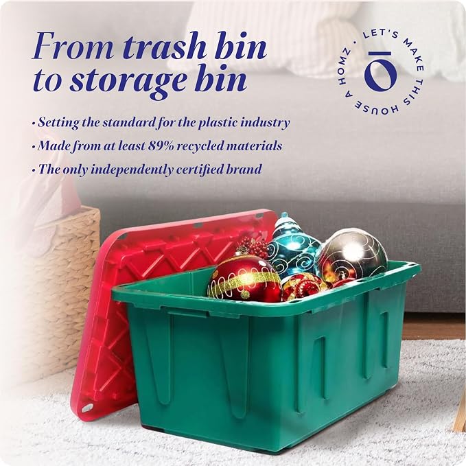 HOMZ Holiday Plastic Storage Container, 27 Gallon - Set of 2, Green and Red, 2 Sets | Heavy-Duty Large Stackable Container Seasonal Boxes for Home, Attic, and Garage Organization
