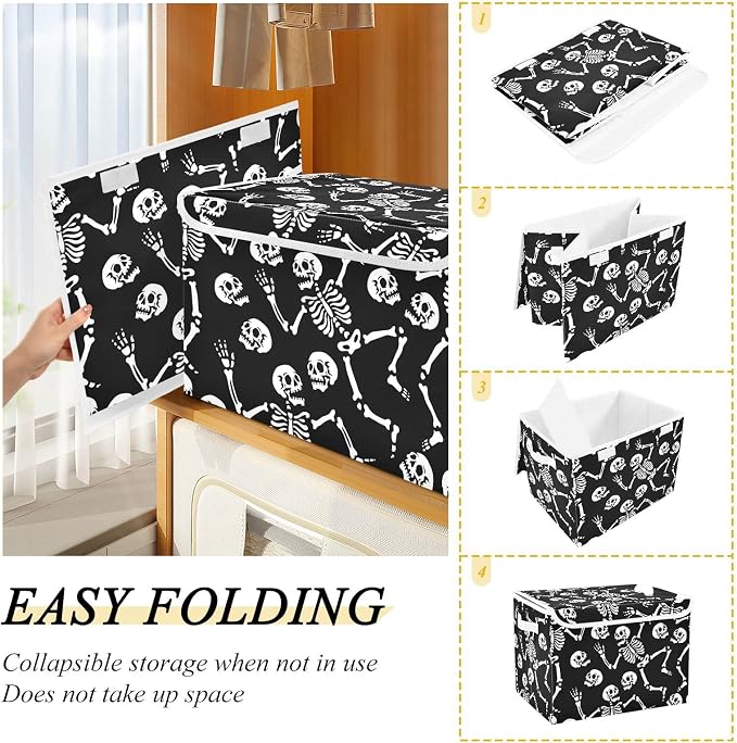 CaTaKu Skull Black Storage Bins with Lids,Halloween Fabric Large Storage Container Cube Basket with Handle Decorative Storage Boxes for Organizing Clothes Shelves