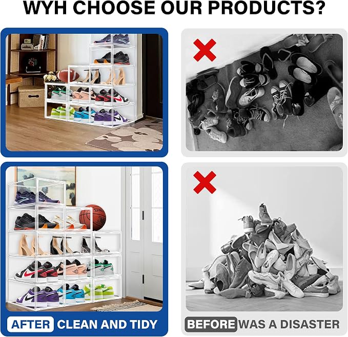 1 Pack Drop Front Shoe Boxes Acrylic Box Sneaker Case Size 12, Transparent Display Cases for Sneaker Collections, Baseball Caps, Hat Organizer Dust-free Shoe Cubbies Stackable Sneaker Boxes