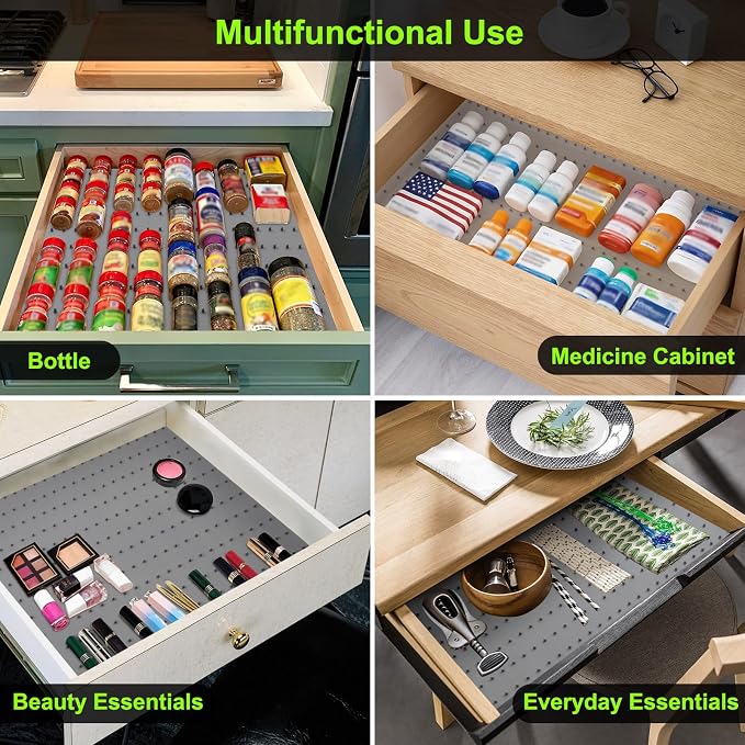 Gosmol Spice Drawer Organizer Insert - Spice Drawer Liner 2 Pack Grey | Adjustable non-slip silicone liner; in-drawer spice organizer for seasoning jars, spice bottles, flat spice rack for drawer