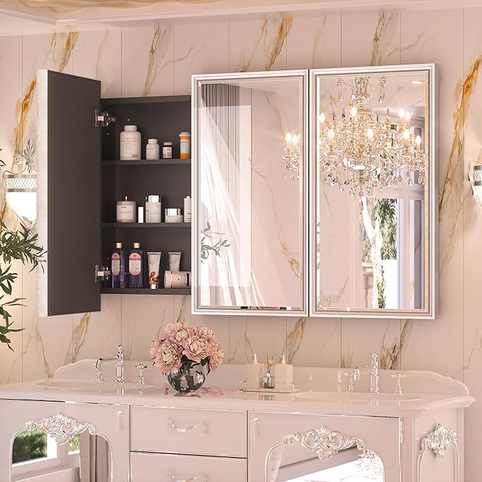 Keonjinn 48” x 30” Medicine Cabinets with Mirror for Bathroom Recessed or Surface Wall-Mounted Aluminum Alloy Framed Beveled Mirror with Soft Close Hinge, 3 Doors Silver Storage Cabinet