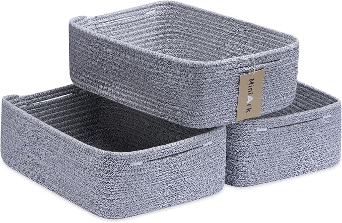 MiniArk Large Shallow Organizing Baskets 15x11x5.1 Inches - Rope Woven Storage Bins for Bathroom, Shelves, Cube Closet, Mixed Grey 3 Packs