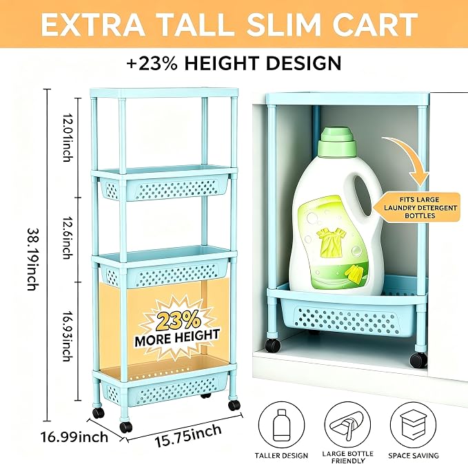 Slim 4 Tier Rolling Storage Cart Narrow Bathroom Organizer on Wheels Blue | 6.7" wide for tight bathroom/kitchen gaps, extra-tall tier, 360° casters, quick-dry shelves, tool-free storage rack