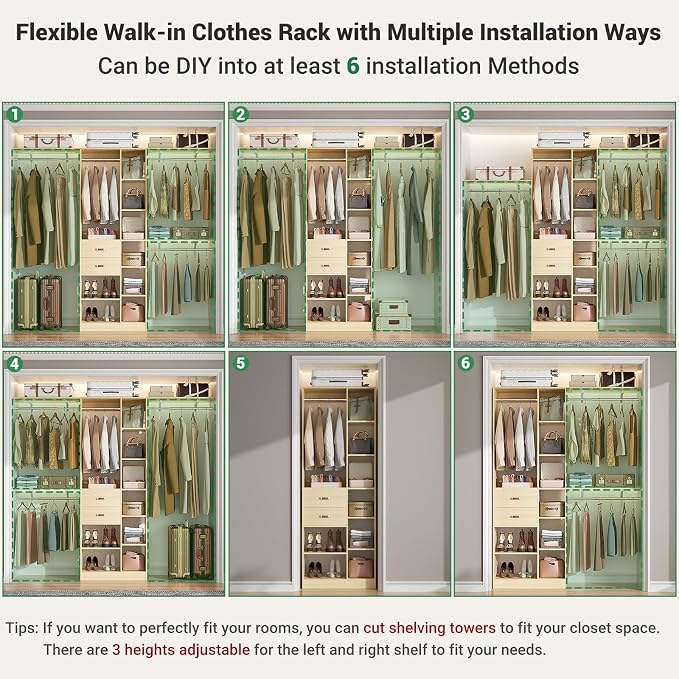 Armocity 8FT Heavy Duty Wood Closet System, 1500 LBS+ Capacity Wall Mounted Walk-in Closet Organizer with 2 Drawers & 4 Hanging Rods, 96'' Custom Bedroom Storage Wardrobe, Natural