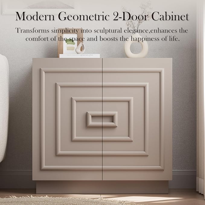 Aoikax Modern 2-Door Storage Cabinet, Sculptural Rustic Cabinet with Geometric Square Pattern, Contemporary Accent Cabinet for Bedroom, Living Room, Taupe Color